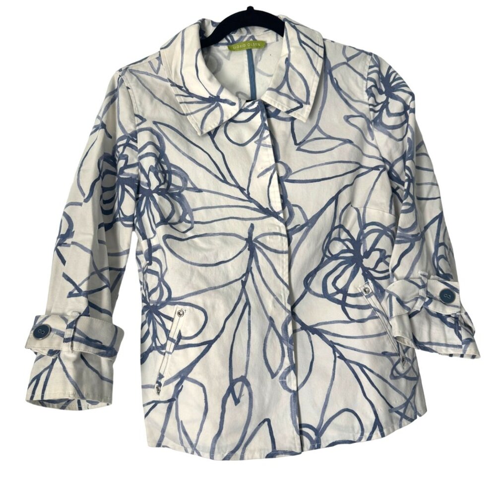 Sigrid Olsen Women's Blue & White Floral Jacket Lightweight Cotton Blend, Size S